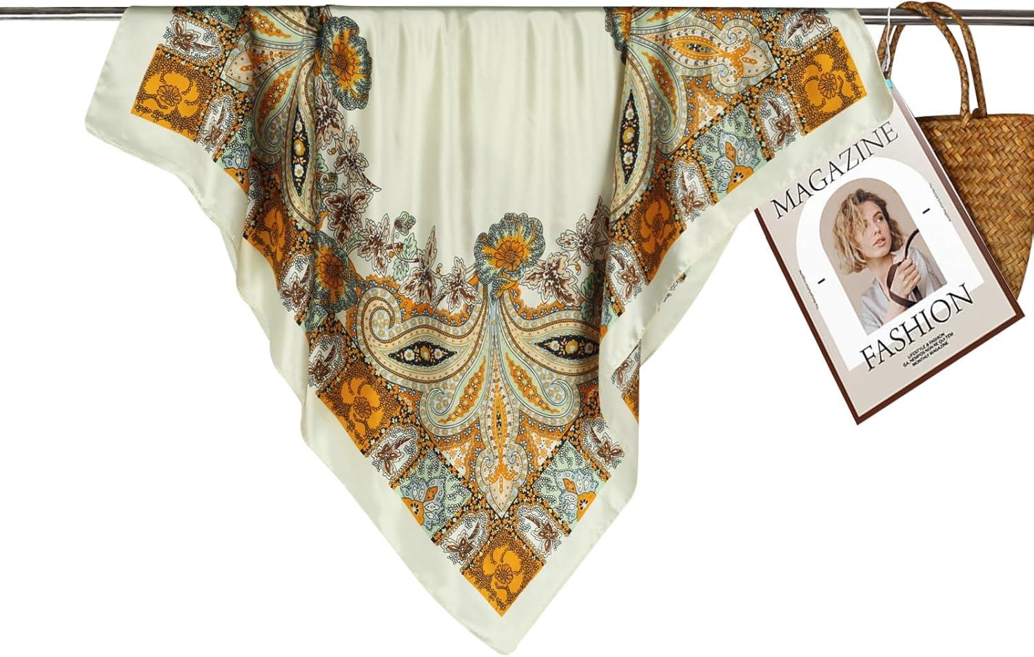 imageEXTREE Womens 35 inch Fashion Headscarf Silk Satin Scarf for Hair Wrapping at Night Bandana Square Scarf for SleepingRich Cashew Beige