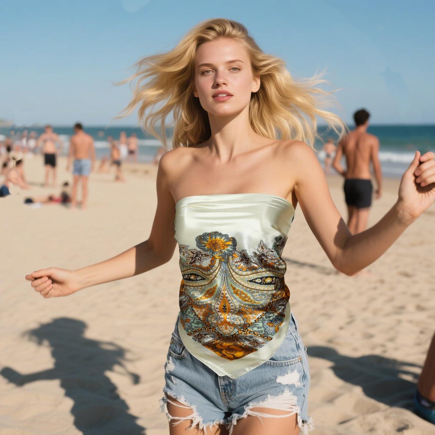 imageEXTREE Womens 35 inch Fashion Headscarf Silk Satin Scarf for Hair Wrapping at Night Bandana Square Scarf for SleepingRich Cashew Beige