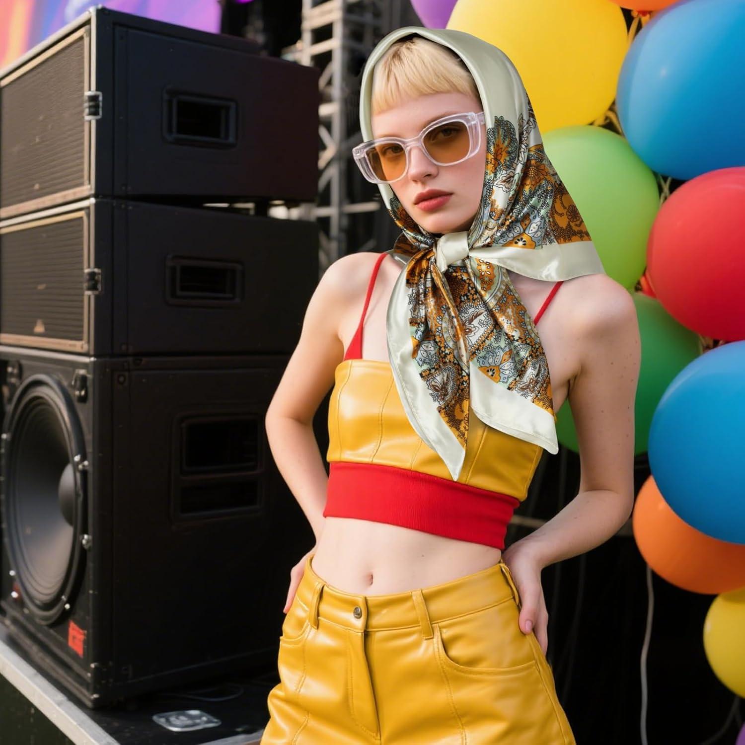 imageEXTREE Womens 35 inch Fashion Headscarf Silk Satin Scarf for Hair Wrapping at Night Bandana Square Scarf for SleepingRich Cashew Beige