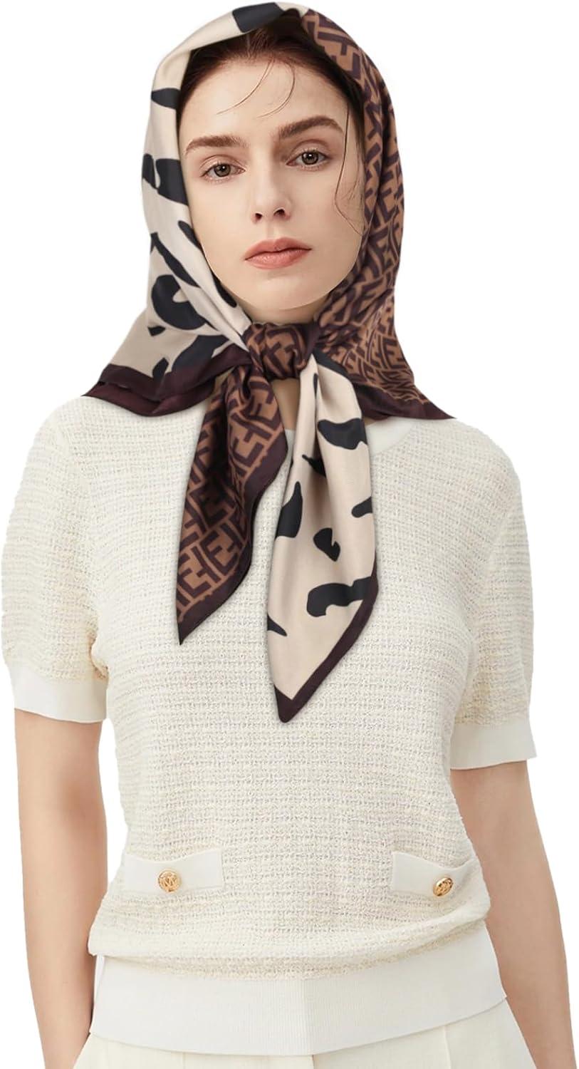 imageEXTREE Womens 35 inch Fashion Headscarf Silk Satin Scarf for Hair Wrapping at Night Bandana Square Scarf for SleepingStreamline Zebra Pattern Coffee