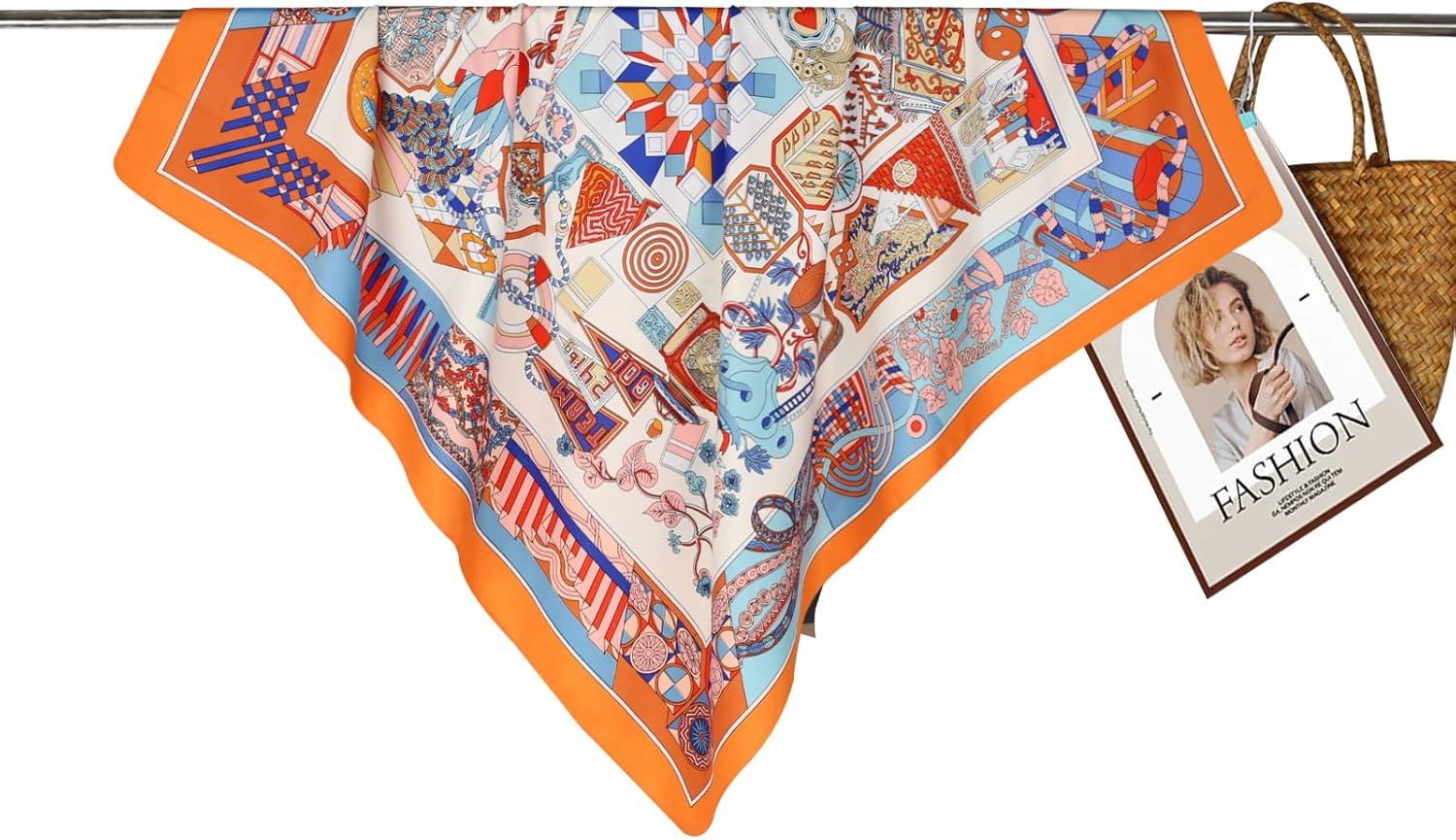 imageEXTREE Womens 35 inch Fashion Headscarf Silk Satin Scarf for Hair Wrapping at Night Bandana Square Scarf for SleepingTreasure Orange Twill
