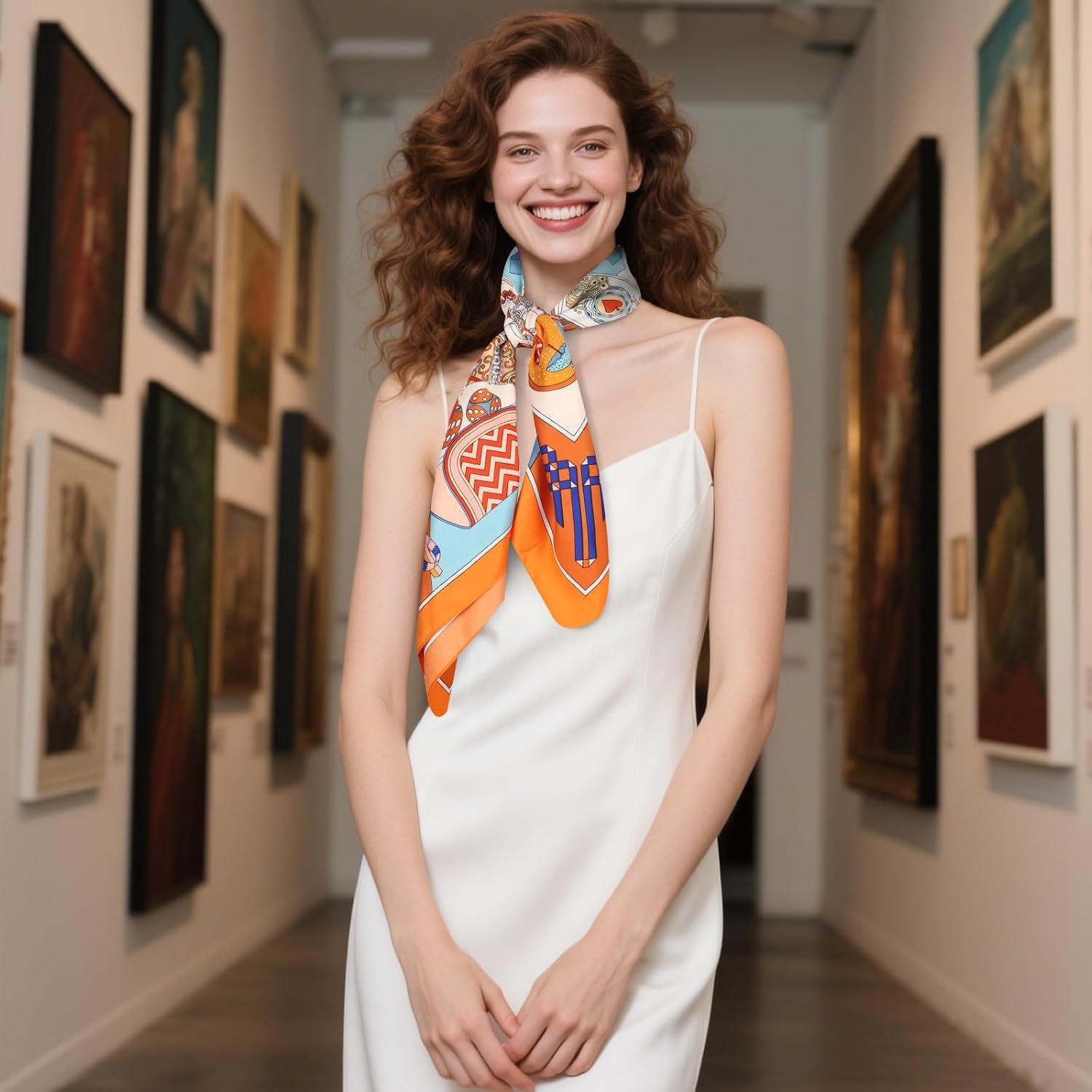 imageEXTREE Womens 35 inch Fashion Headscarf Silk Satin Scarf for Hair Wrapping at Night Bandana Square Scarf for SleepingTreasure Orange Twill