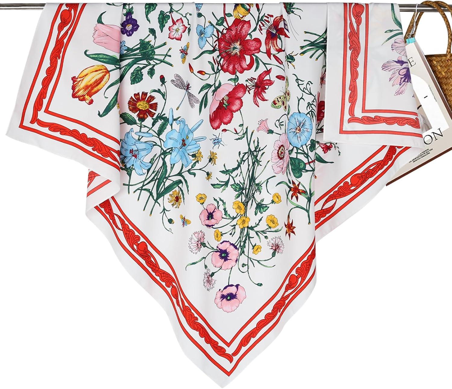 imageEXTREE Womens 35 inch Fashion Headscarf Silk Satin Scarf for Hair Wrapping at Night Bandana Square Scarf for SleepingWhite Flowers in Bloom