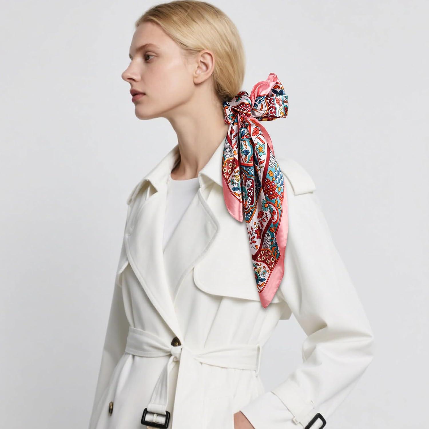 imageEXTREE Womens 35 inch Fashion Headscarf Silk Satin Scarf for Hair Wrapping at Night Bandana Square Scarf for SleepingYunjin Tianhua Pink