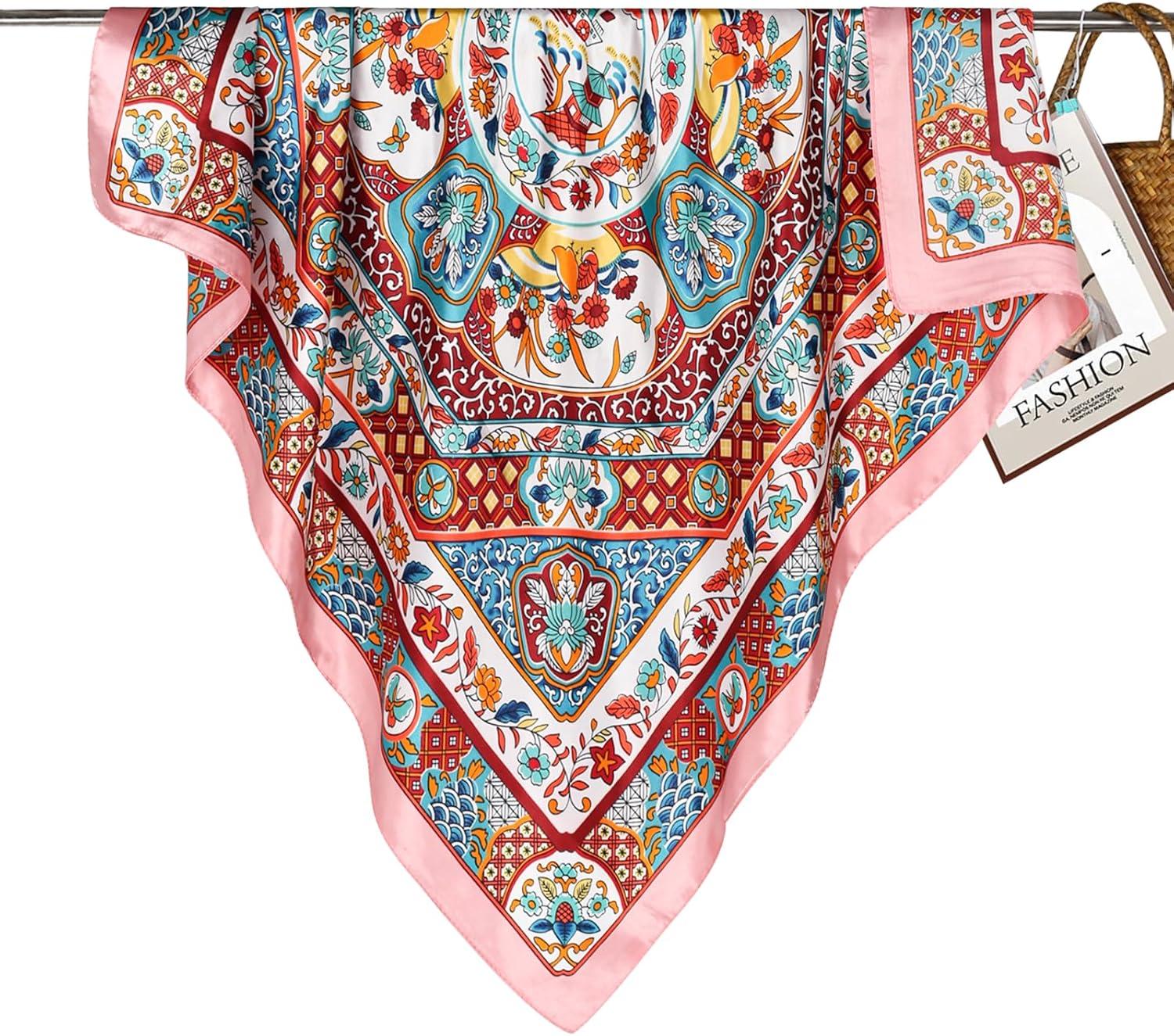 imageEXTREE Womens 35 inch Fashion Headscarf Silk Satin Scarf for Hair Wrapping at Night Bandana Square Scarf for SleepingYunjin Tianhua Pink