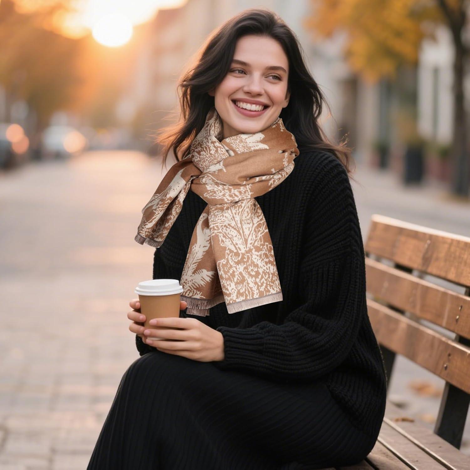 imageEXTREE Womens Scarf Pashmina Shawls and Wraps for Evening Dress Bridesmaid Wedding Bridal Winter Warm Long Large ScarvesAnimal Forest Khaki