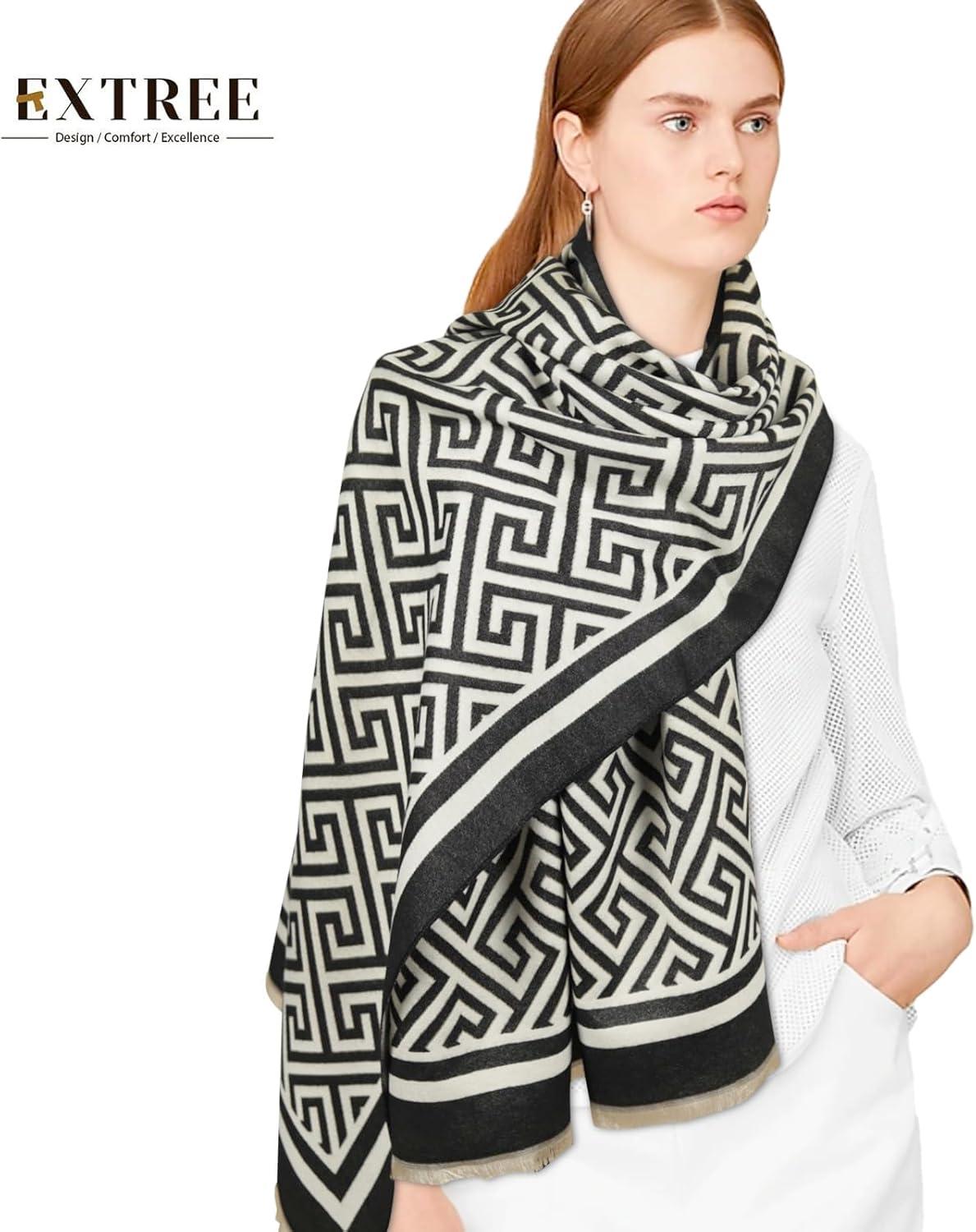 imageEXTREE Womens Scarf Pashmina Shawls and Wraps for Evening Dress Bridesmaid Wedding Bridal Winter Warm Long Large ScarvesBlack Back Word Grid