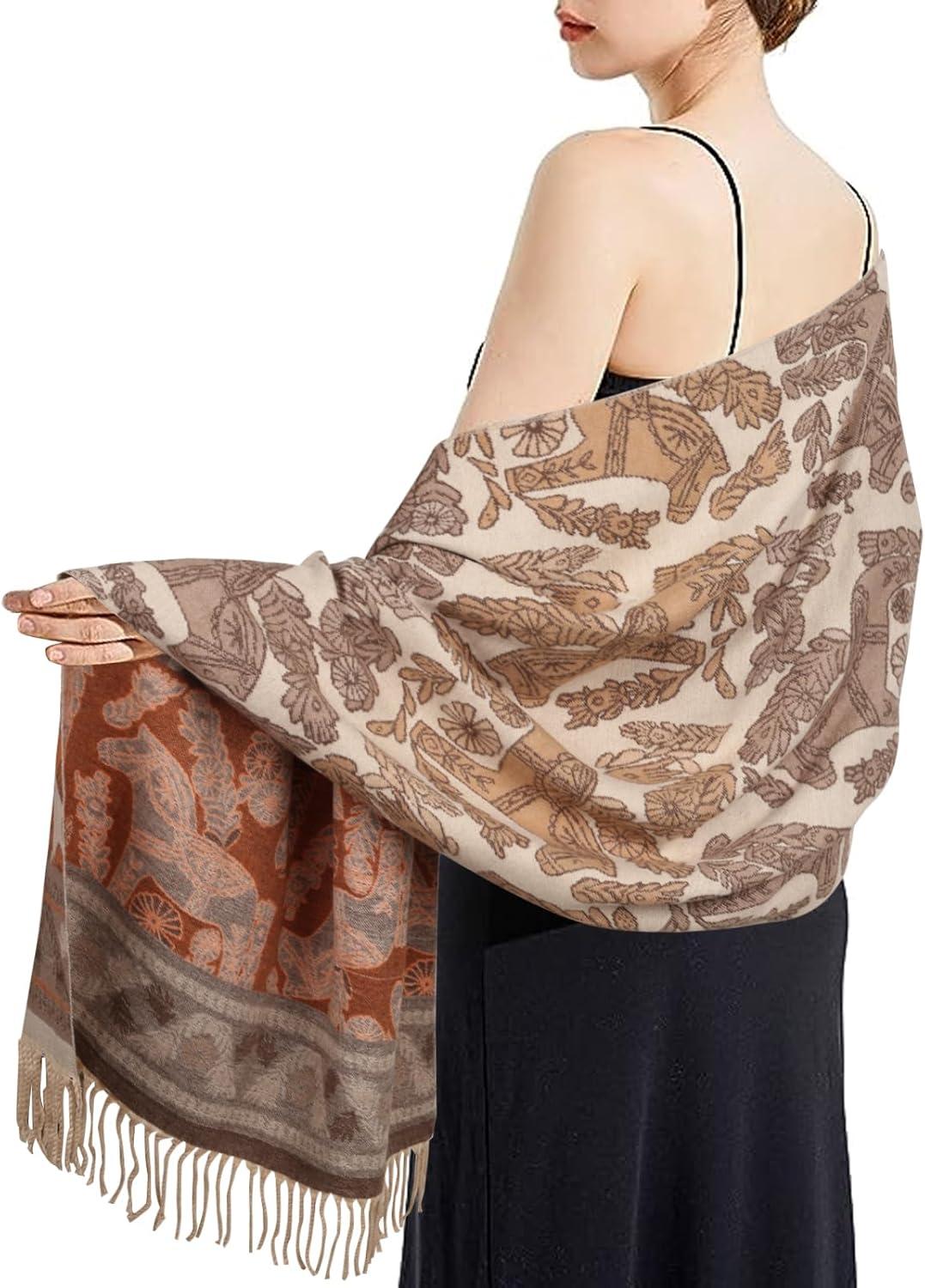 imageEXTREE Womens Scarf Pashmina Shawls and Wraps for Evening Dress Bridesmaid Wedding Bridal Winter Warm Long Large ScarvesBrown Orange Retro
