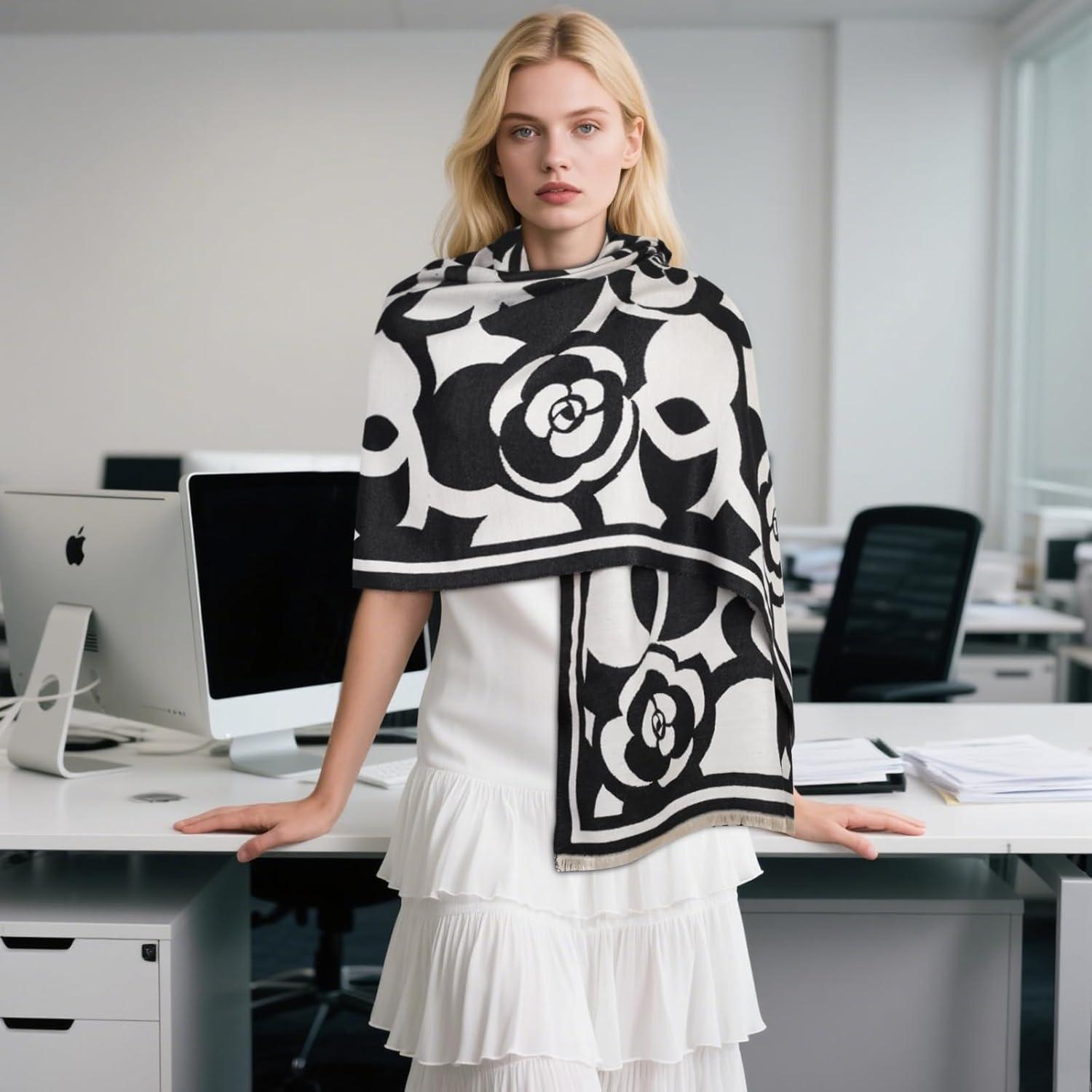 imageEXTREE Womens Scarf Pashmina Shawls and Wraps for Evening Dress Bridesmaid Wedding Bridal Winter Warm Long Large ScarvesCamellia Black and White