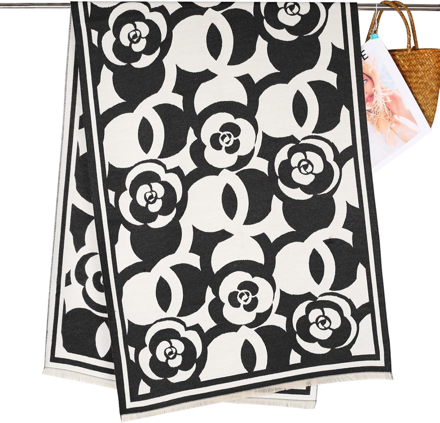 imageEXTREE Womens Scarf Pashmina Shawls and Wraps for Evening Dress Bridesmaid Wedding Bridal Winter Warm Long Large ScarvesCamellia Black and White