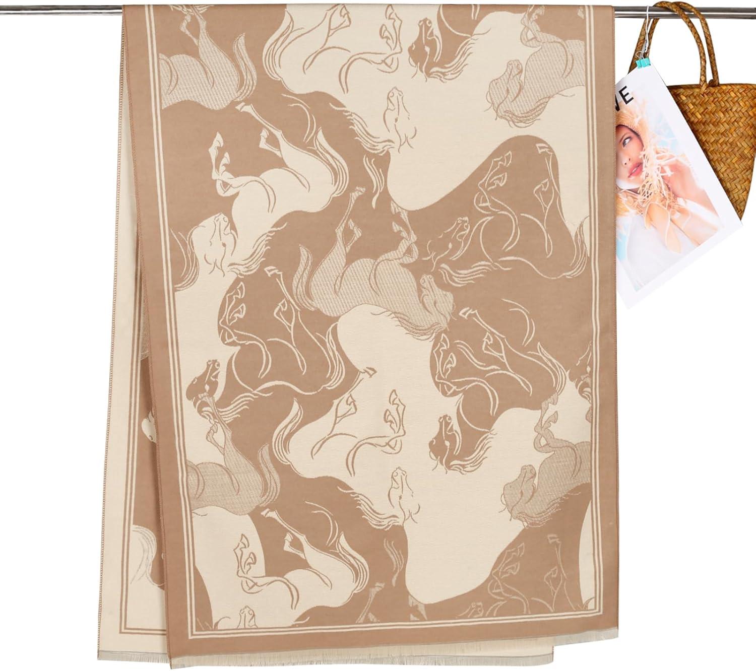 imageEXTREE Womens Scarf Pashmina Shawls and Wraps for Evening Dress Bridesmaid Wedding Bridal Winter Warm Long Large ScarvesGalloping Horse Brown