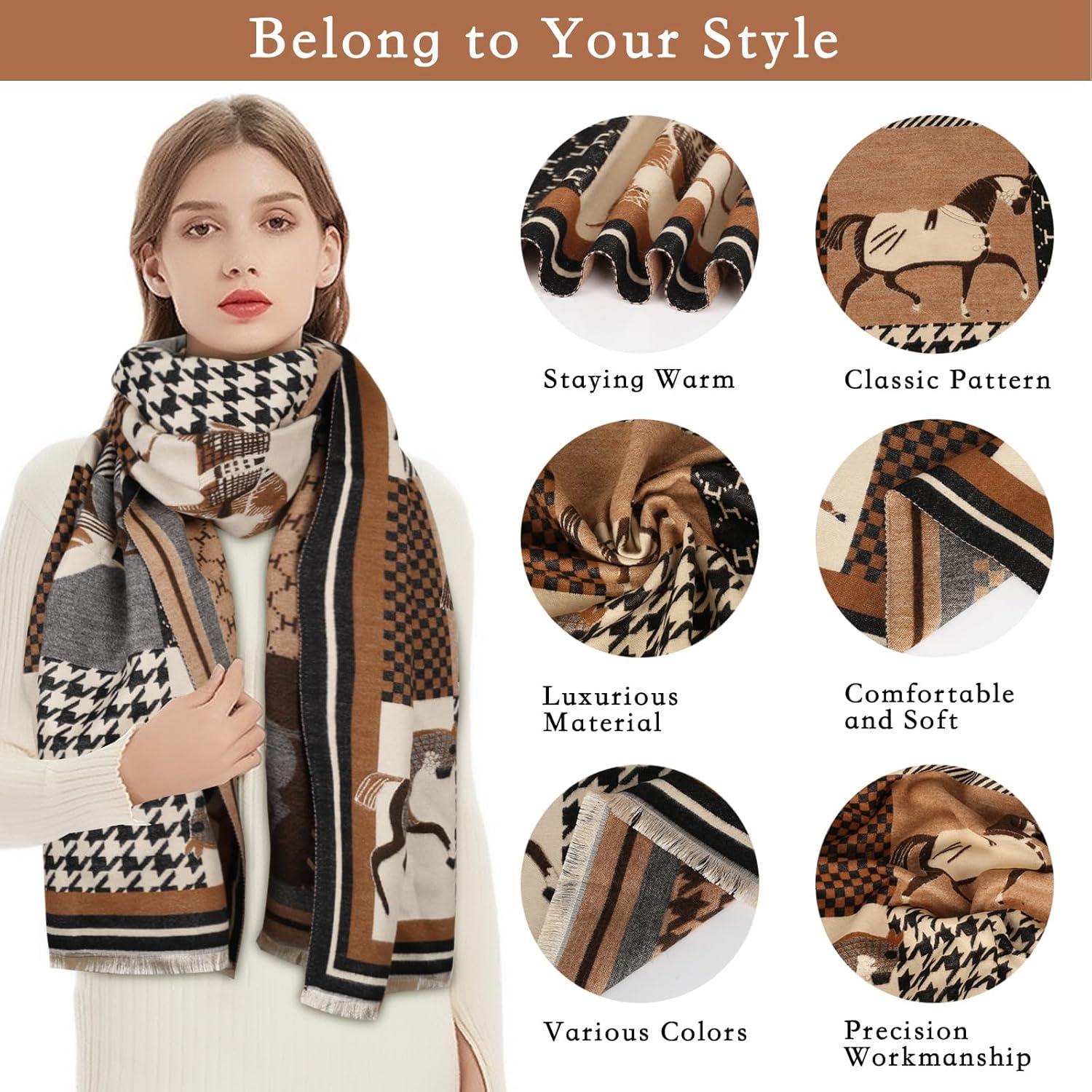 imageEXTREE Womens Scarf Pashmina Shawls and Wraps for Evening Dress Bridesmaid Wedding Bridal Winter Warm Long Large ScarvesHoundstooth H Horse Black Coffee