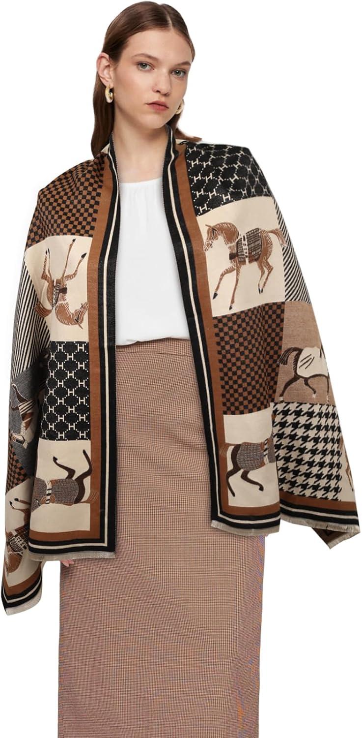 imageEXTREE Womens Scarf Pashmina Shawls and Wraps for Evening Dress Bridesmaid Wedding Bridal Winter Warm Long Large ScarvesHoundstooth H Horse Black Coffee