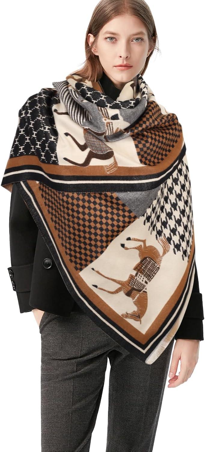 imageEXTREE Womens Scarf Pashmina Shawls and Wraps for Evening Dress Bridesmaid Wedding Bridal Winter Warm Long Large ScarvesHoundstooth H Horse Black Coffee