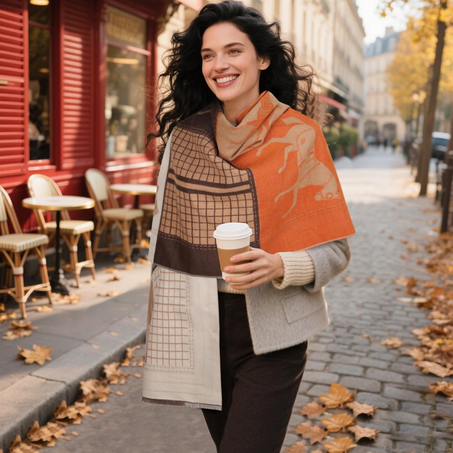 imageEXTREE Womens Scarf Wrap Soft ampamp Warm Shawl Lightweight SkinFriendly Versatile for All Seasons Holiday Gift IdeaCheckered Horse Dark Brown