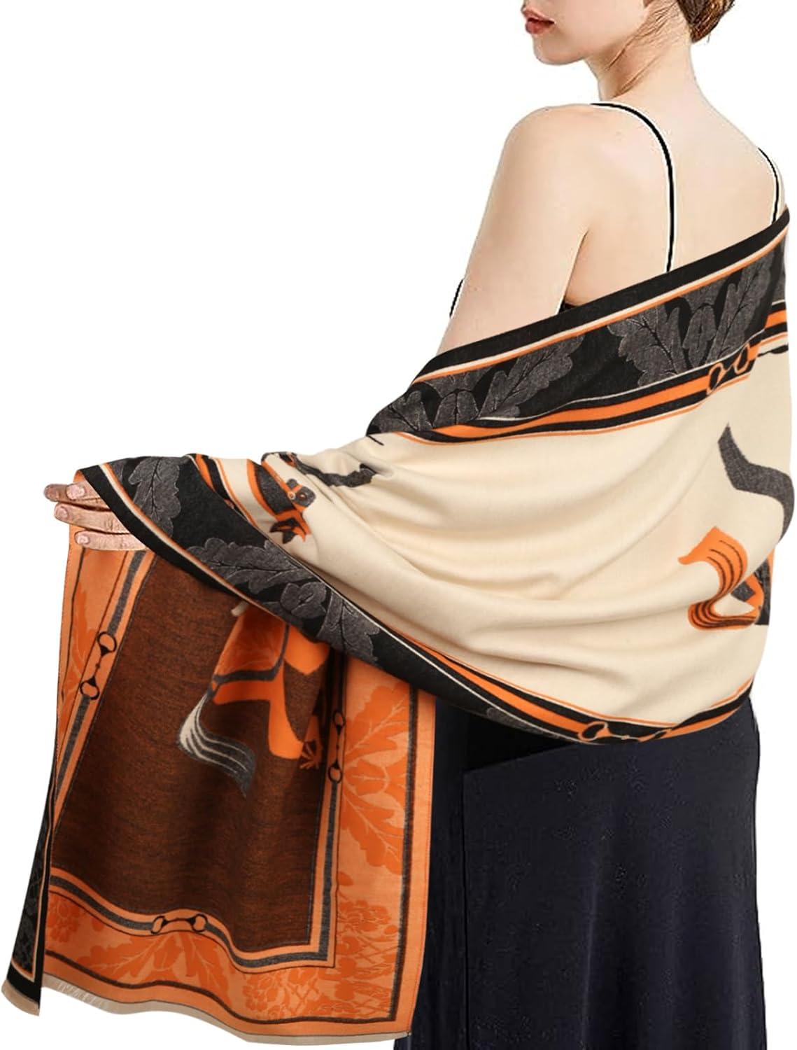 imageEXTREE Womens Scarf Wrap Soft ampamp Warm Shawl Lightweight SkinFriendly Versatile for All Seasons Holiday Gift IdeaDouble Horse Border Orange and Black