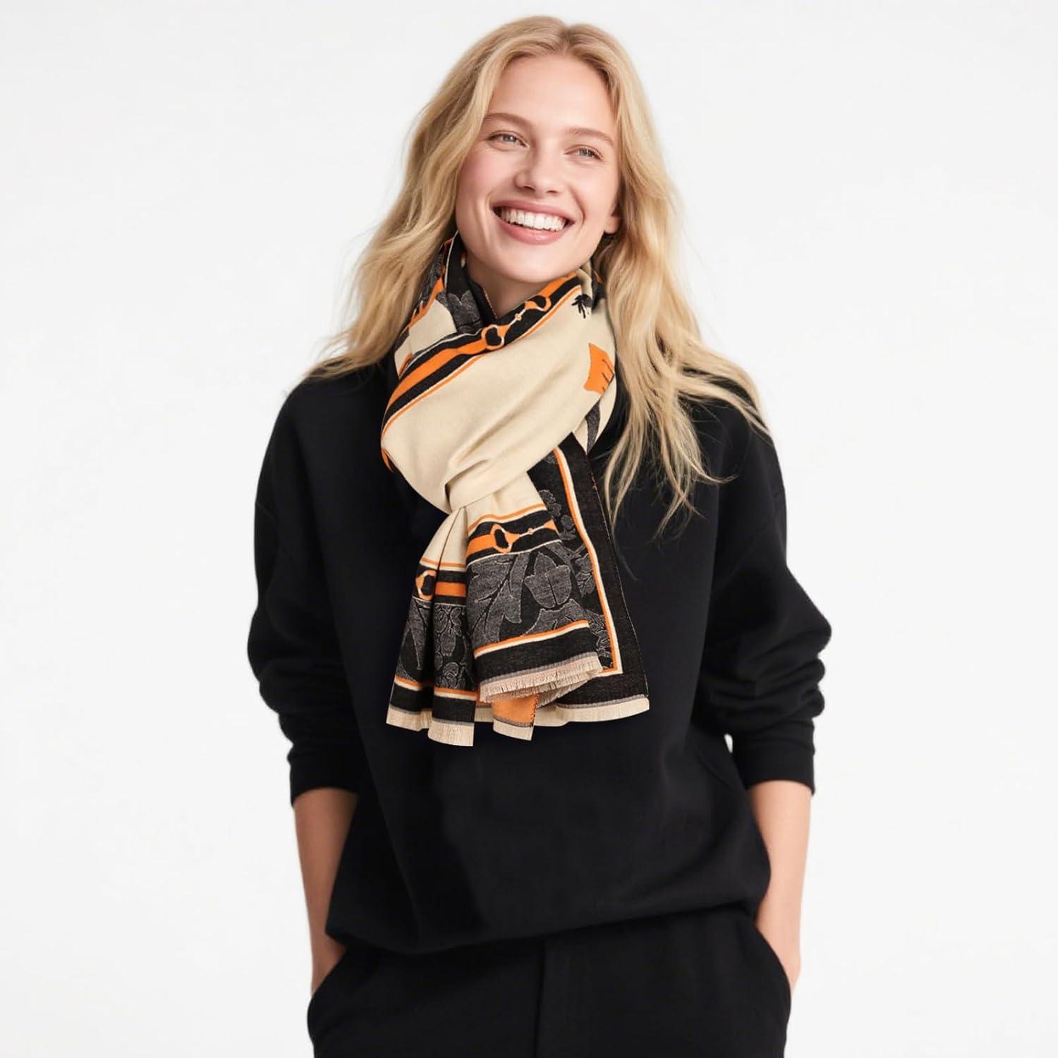 imageEXTREE Womens Scarf Wrap Soft ampamp Warm Shawl Lightweight SkinFriendly Versatile for All Seasons Holiday Gift IdeaDouble Horse Border Orange and Black