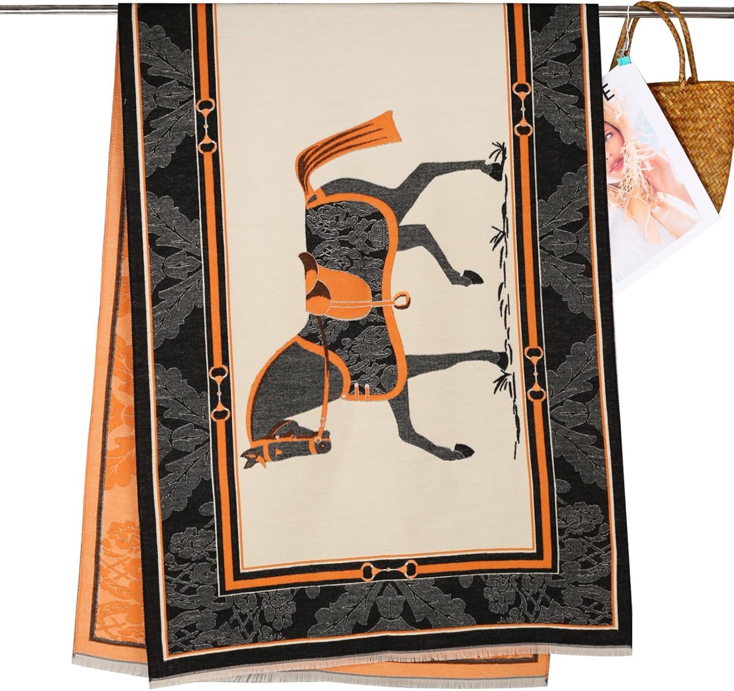 imageEXTREE Womens Scarf Wrap Soft ampamp Warm Shawl Lightweight SkinFriendly Versatile for All Seasons Holiday Gift IdeaDouble Horse Border Orange and Black