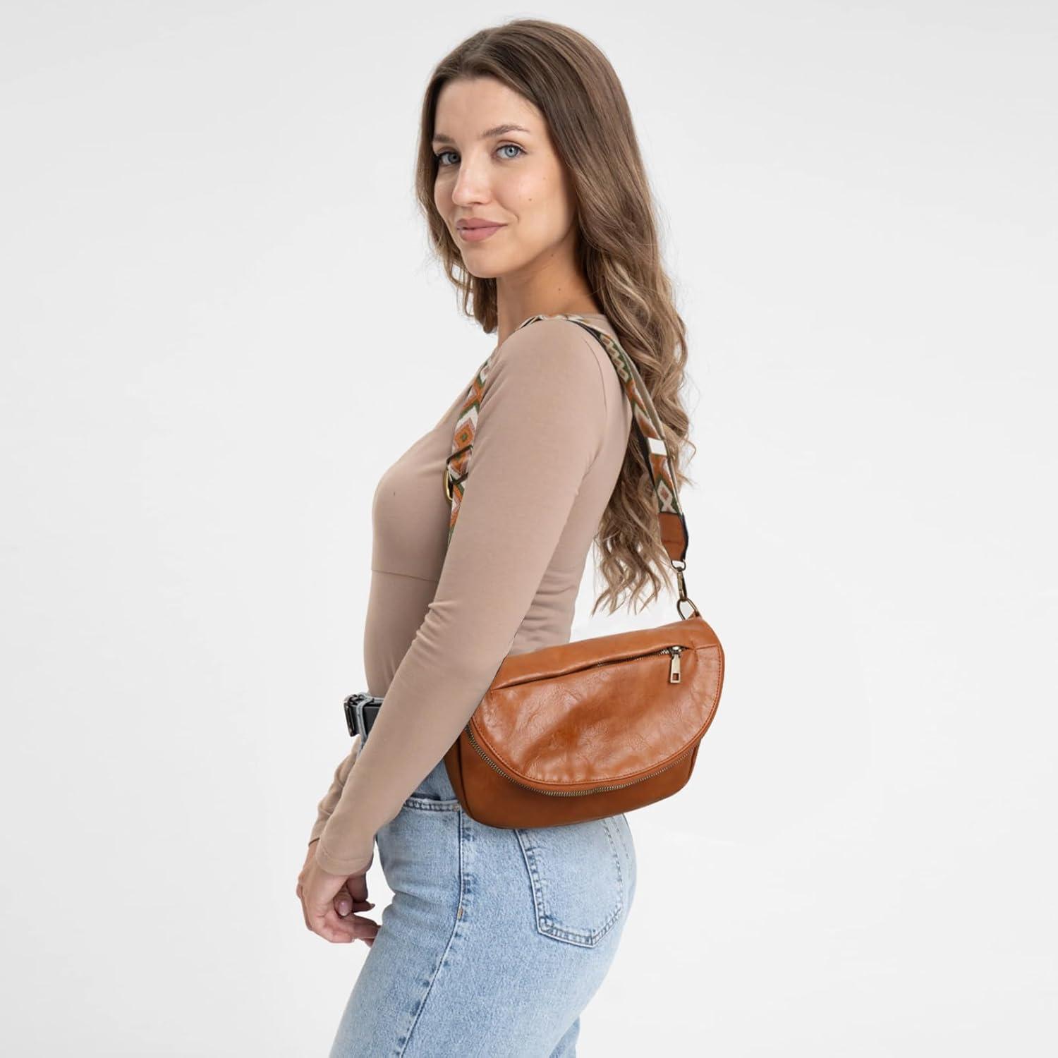 imageEXTREE crossbody Bags for WomenTrendy Shoulder Vegan Leather Handbags Satchel Purse with Adjustable Wide Vintage StrapAhbrown