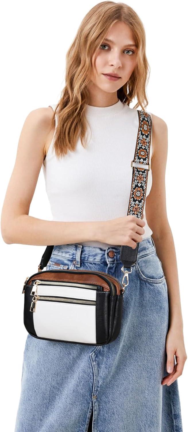 imageEXTREE crossbody Bags for WomenTrendy Shoulder Vegan Leather Handbags Satchel Purse with Adjustable Wide Vintage StrapAlwhitebrown