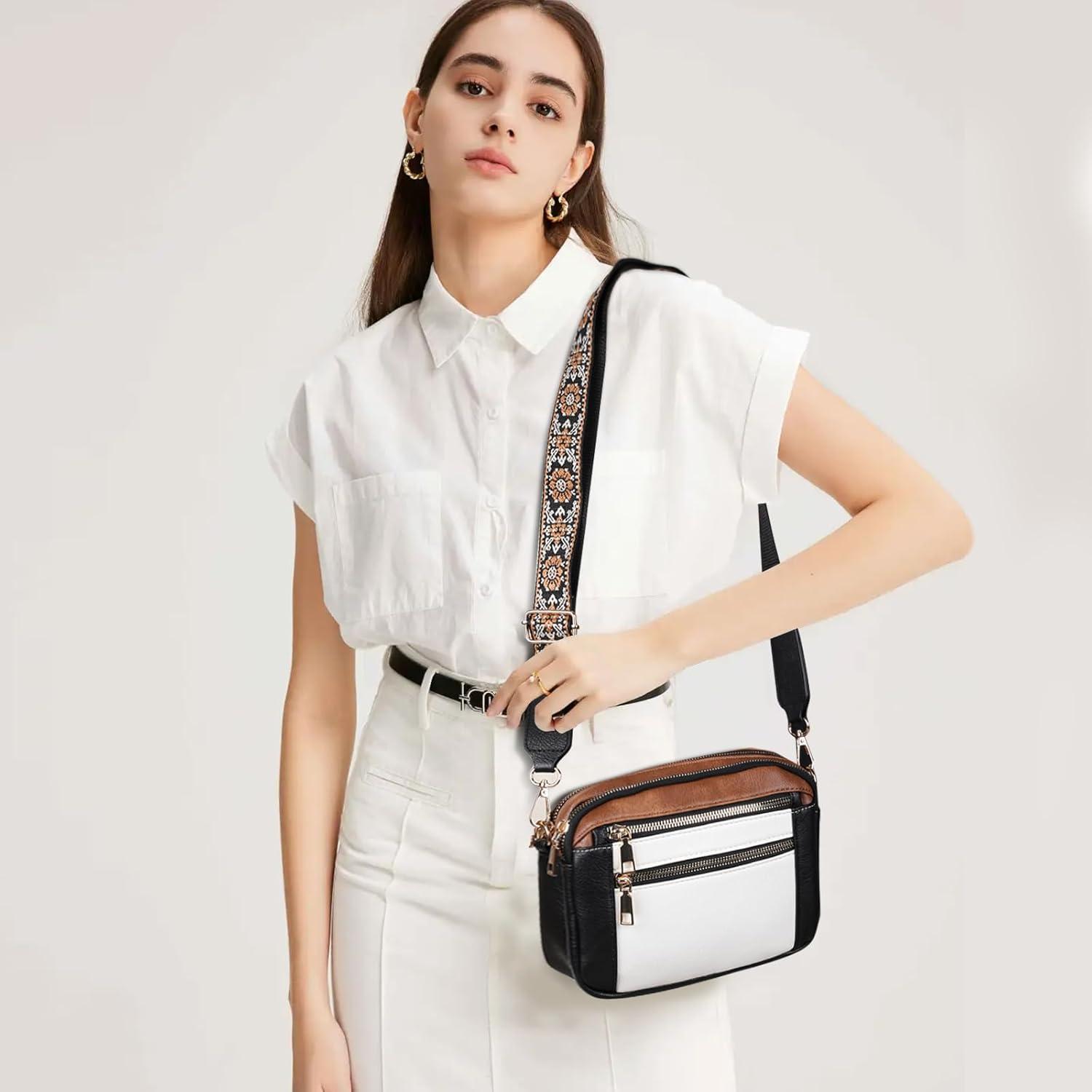 imageEXTREE crossbody Bags for WomenTrendy Shoulder Vegan Leather Handbags Satchel Purse with Adjustable Wide Vintage StrapAlwhitebrown