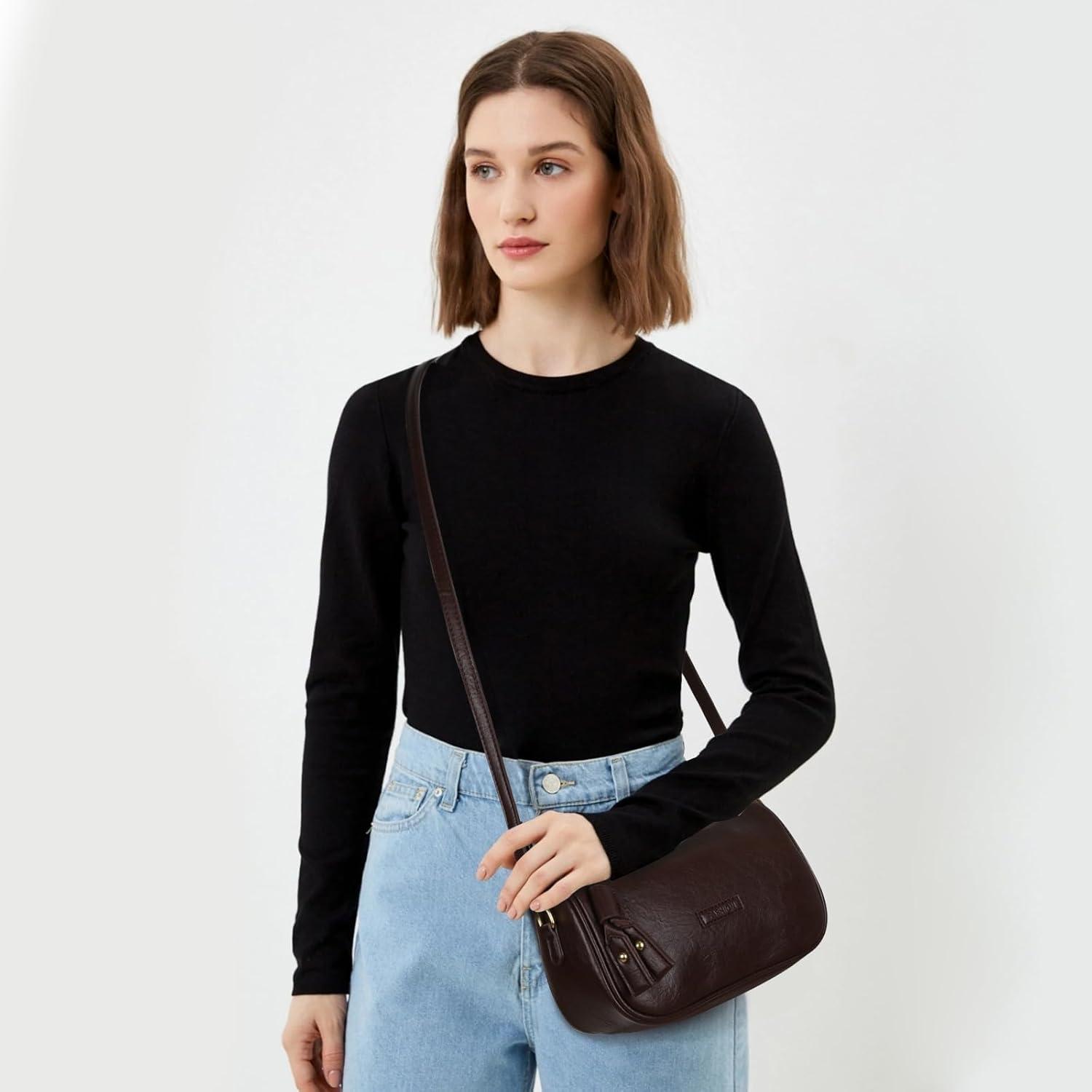 imageEXTREE crossbody Bags for WomenTrendy Shoulder Vegan Leather Handbags Satchel Purse with Adjustable Wide Vintage StrapAmblack