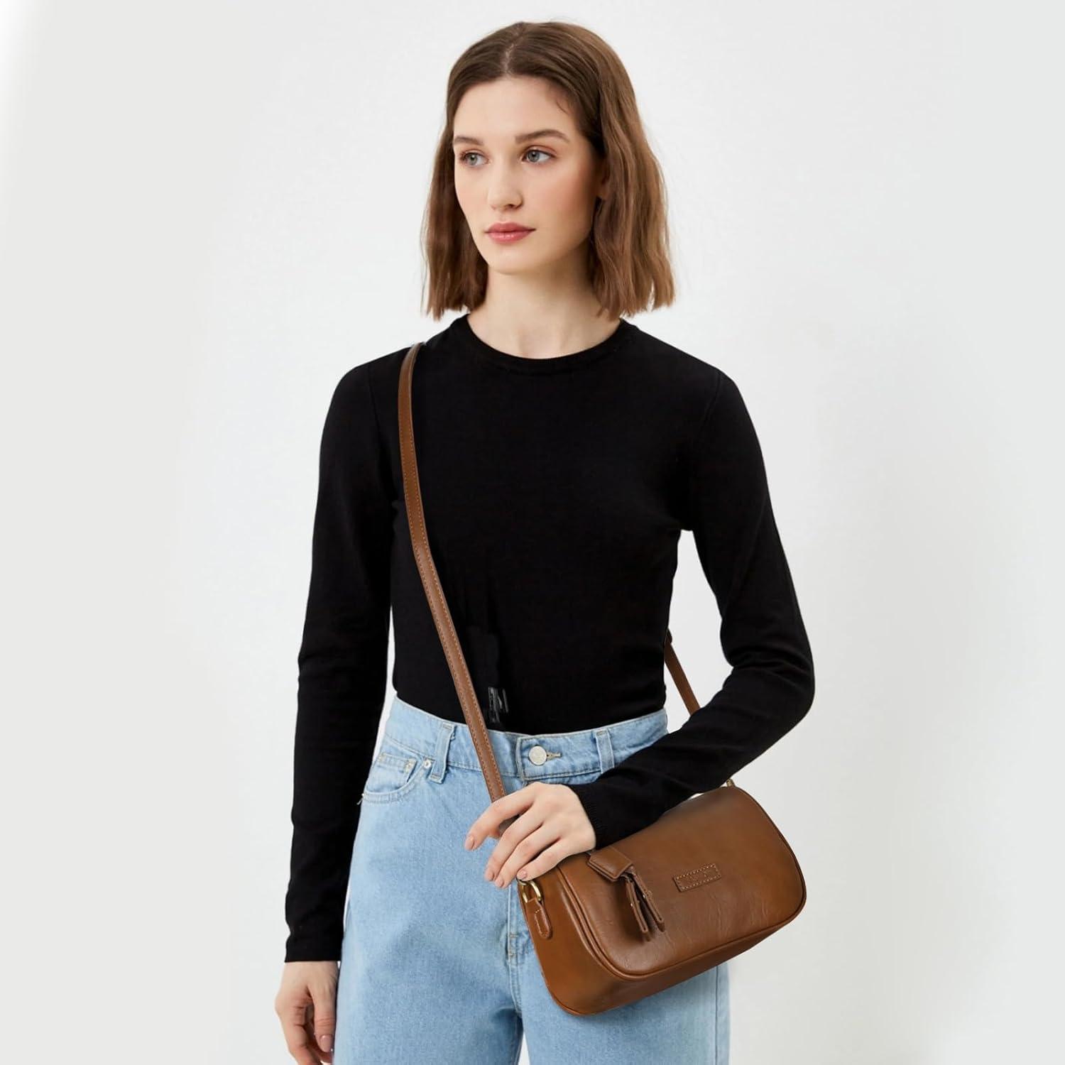 imageEXTREE crossbody Bags for WomenTrendy Shoulder Vegan Leather Handbags Satchel Purse with Adjustable Wide Vintage StrapAnbrown