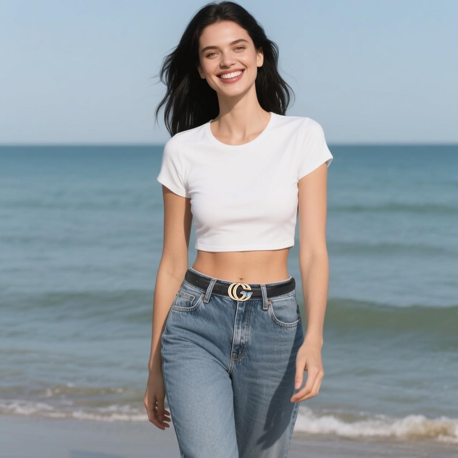 imageVintage Luxe Womens Belt Antique Blue Gradient Design Reinforced Leather WaistbandVersatile Waistband Gift AccessoryRose Gold Blue Butterfly