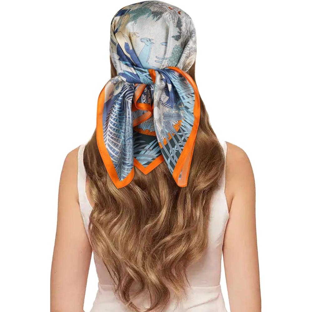 imageEXTREE 100 Pure Mulberry Silk Scarf Fashion Hair for Women Scarf Lightweight Square Neckerchief 275 275 inchesAnimal Carnival Blue