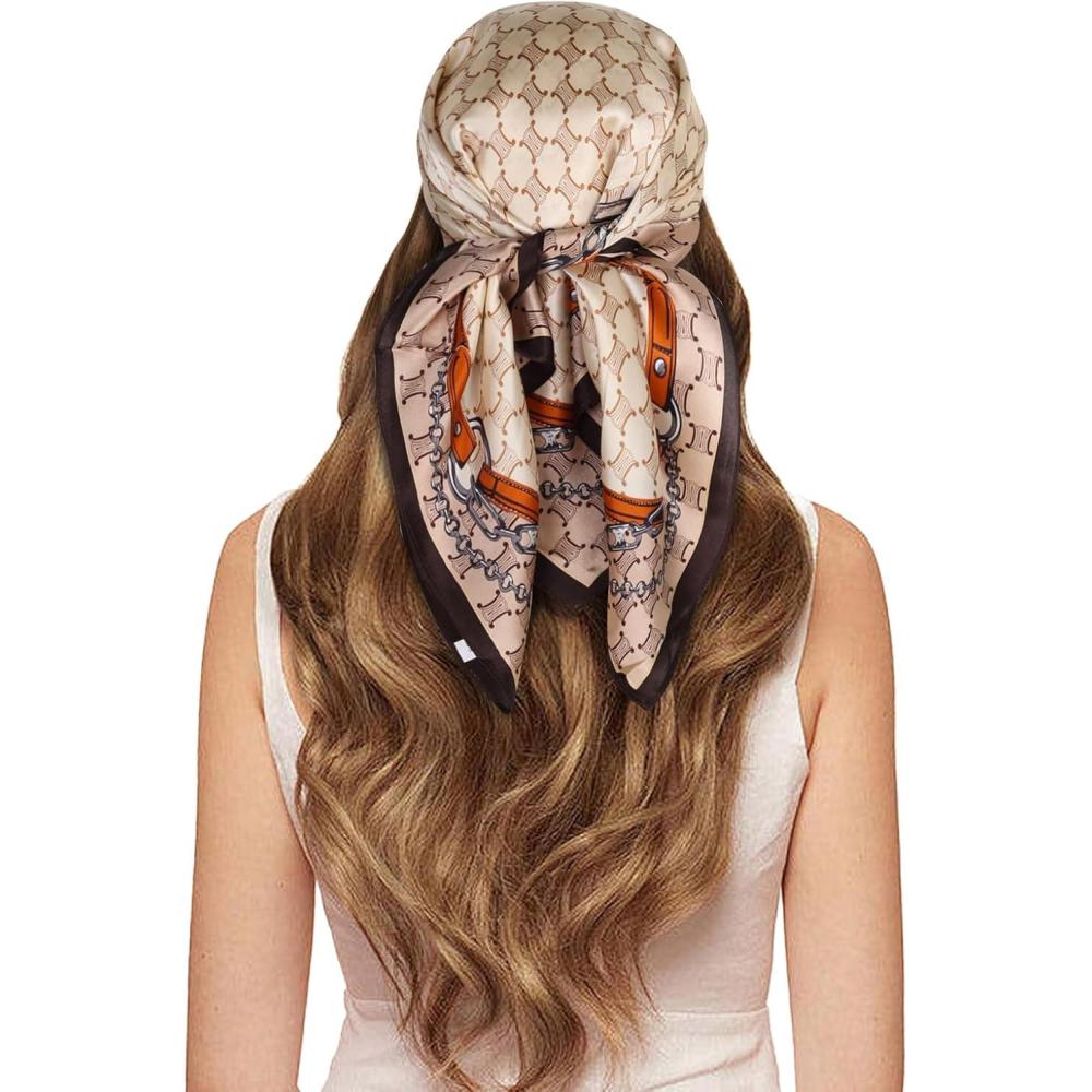 imageEXTREE 100 Pure Mulberry Silk Scarf Fashion Hair for Women Scarf Lightweight Square Neckerchief 275 275 inchesChain Brown