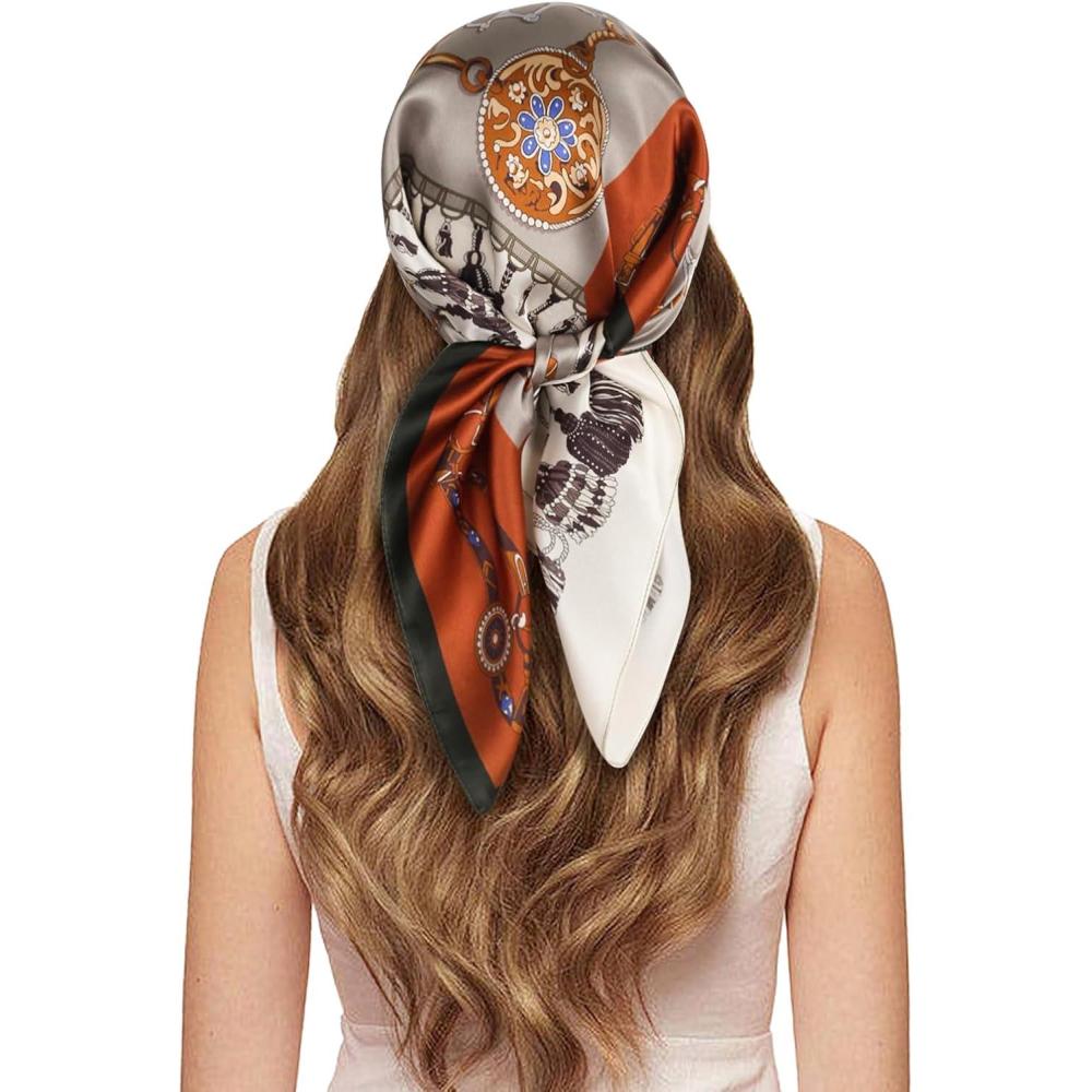 imageEXTREE 100 Pure Mulberry Silk Scarf Fashion Hair for Women Scarf Lightweight Square Neckerchief 275 275 inchesChain Rice Green Orange