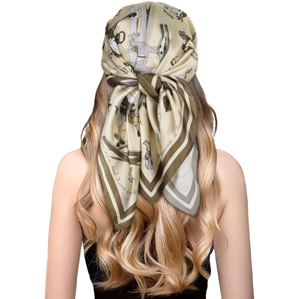 imageEXTREE 100 Pure Mulberry Silk Scarf Fashion Hair for Women Scarf Lightweight Square Neckerchief 275 275 inchesCream Horse