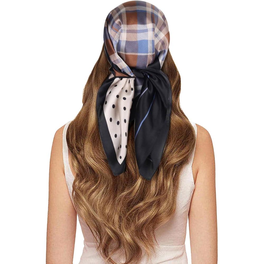 imageEXTREE 100 Pure Mulberry Silk Scarf Fashion Hair for Women Scarf Lightweight Square Neckerchief 275 275 inchesFour Grid Splicing