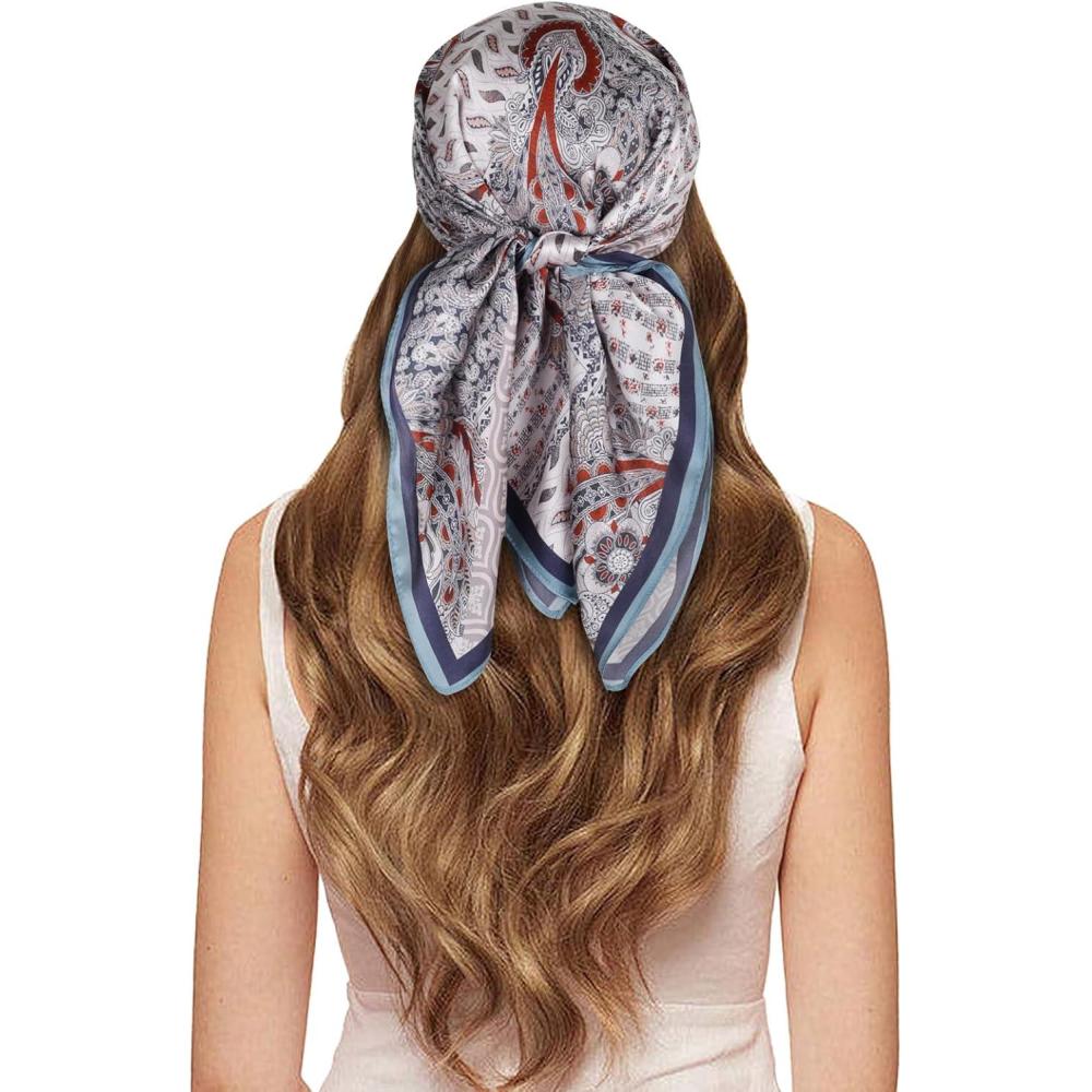 imageEXTREE 100 Pure Mulberry Silk Scarf Fashion Hair for Women Scarf Lightweight Square Neckerchief 275 275 inchesGray Stitching Totem