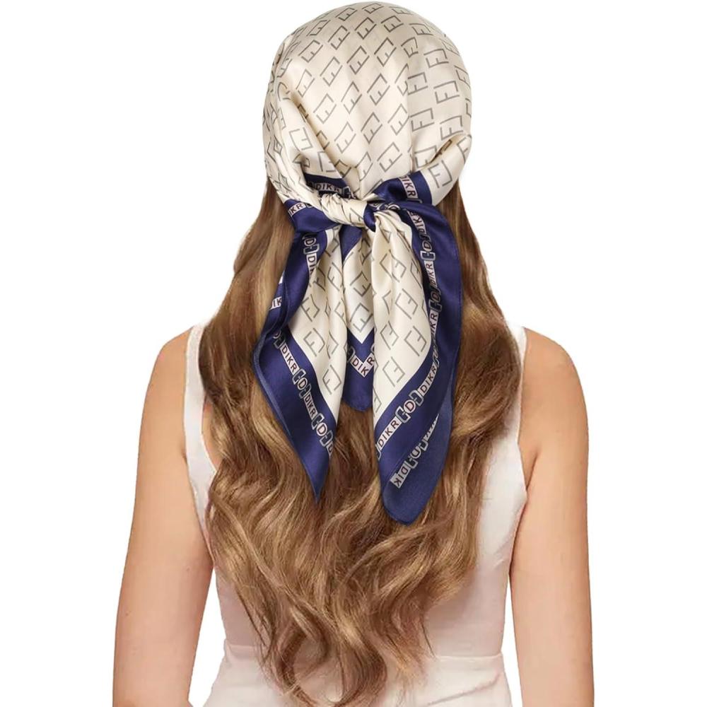 imageEXTREE 100 Pure Mulberry Silk Scarf Fashion Hair for Women Scarf Lightweight Square Neckerchief 275 275 inchesLf Beige Blue Edge