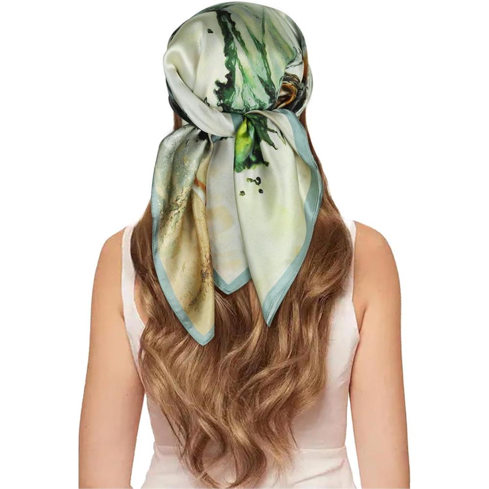 imageEXTREE 100 Pure Mulberry Silk Scarf Fashion Hair for Women Scarf Lightweight Square Neckerchief 275 275 inchesOil Painting Girl Green
