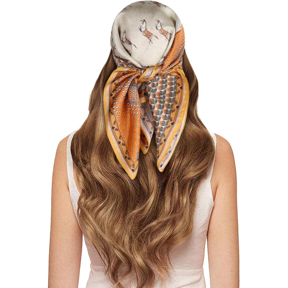 imageEXTREE 100 Pure Mulberry Silk Scarf Fashion Hair for Women Scarf Lightweight Square Neckerchief 275 275 inchesOrange Brown and Beige Horse Racing Totem