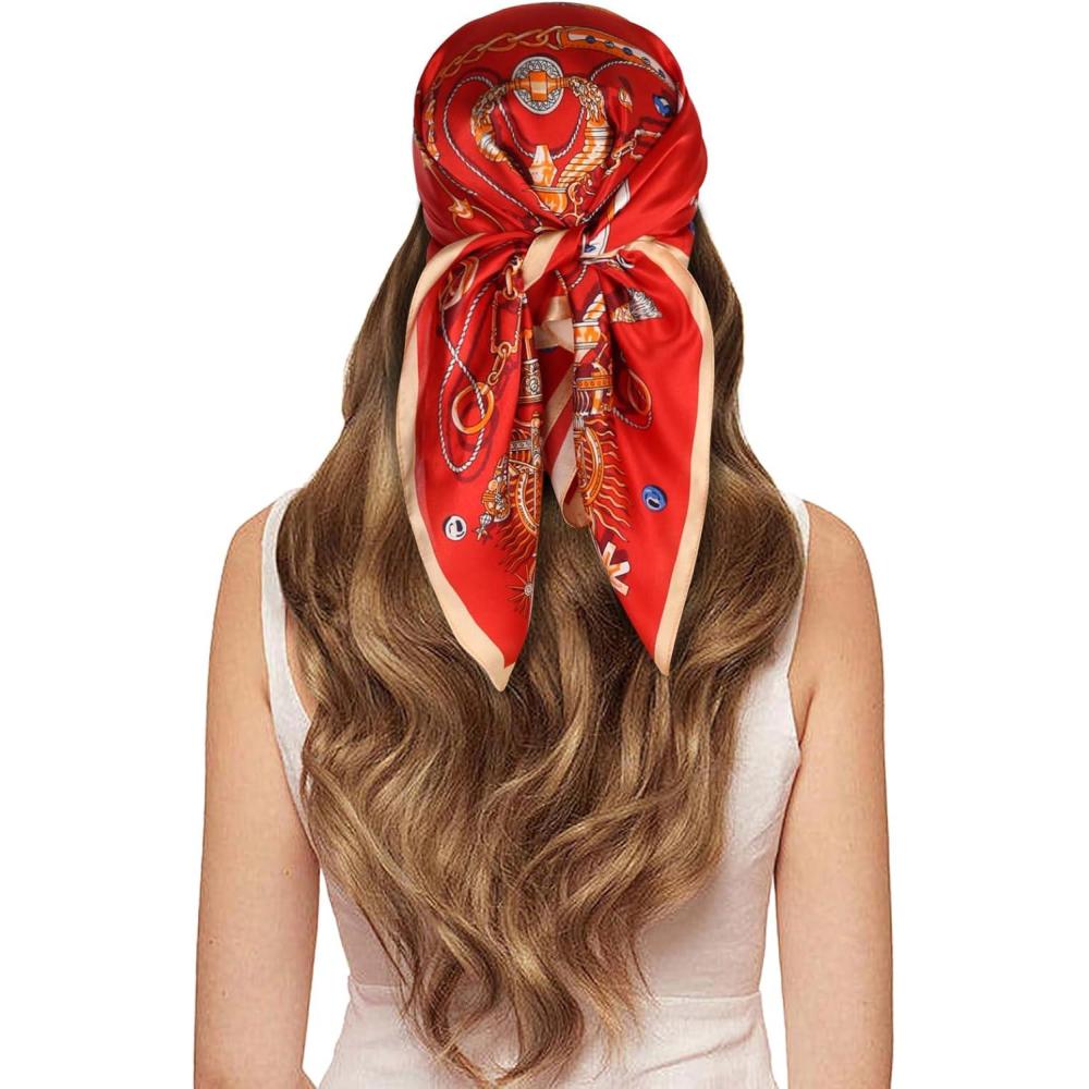 imageEXTREE 100 Pure Mulberry Silk Scarf Fashion Hair for Women Scarf Lightweight Square Neckerchief 275 275 inchesRed Horse