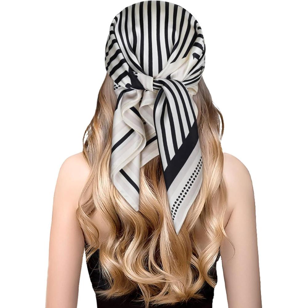 imageEXTREE 100 Pure Mulberry Silk Scarf Fashion Hair for Women Scarf Lightweight Square Neckerchief 275 275 inchesSparse Hedge Black and White