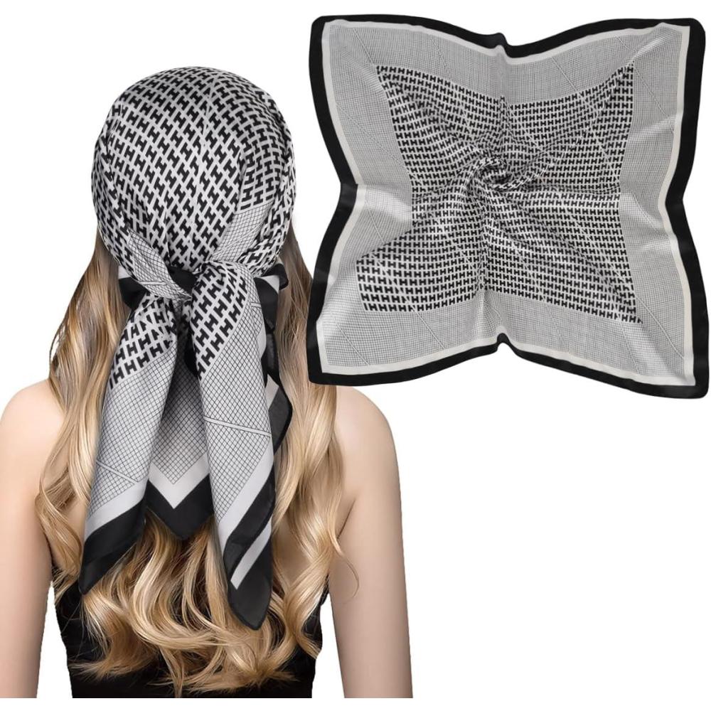 imageEXTREE Fashion Silky Satin Headscarf for Women Girls Exquisite Pattern Lightweight Silk Graceful Scarfs 275 x 275 inchesAlphabet Lattice Border Black