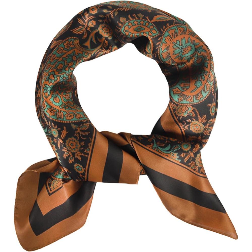 imageEXTREE Fashion Silky Satin Headscarf for Women Girls Exquisite Pattern Lightweight Silk Graceful Scarfs 275 x 275 inchesAncient Babylonian Cashew Flower