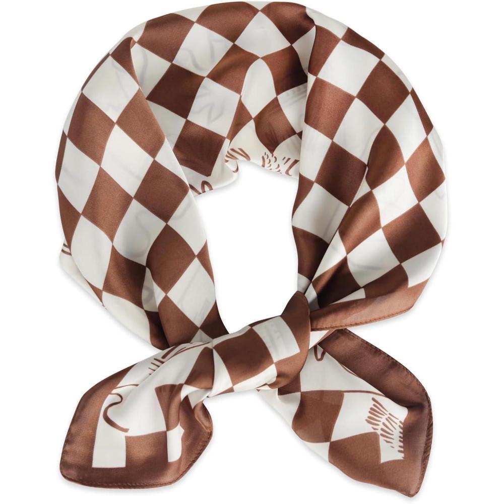 imageEXTREE Fashion Silky Satin Headscarf for Women Girls Exquisite Pattern Lightweight Silk Graceful Scarfs 275 x 275 inchesBeach Chessboard Brown