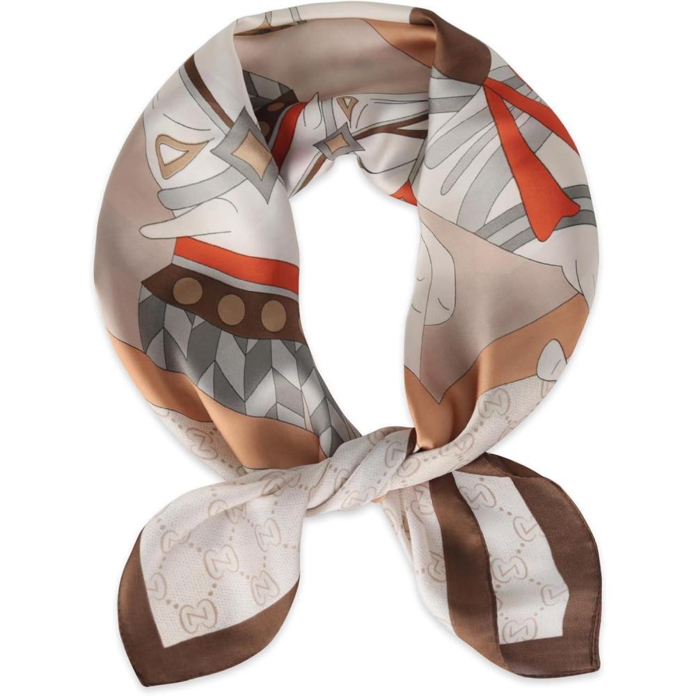 imageEXTREE Fashion Silky Satin Headscarf for Women Girls Exquisite Pattern Lightweight Silk Graceful Scarfs 275 x 275 inchesBeige Horse Brown Edge