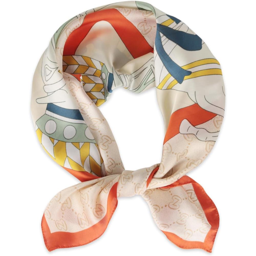 imageEXTREE Fashion Silky Satin Headscarf for Women Girls Exquisite Pattern Lightweight Silk Graceful Scarfs 275 x 275 inchesBeige Horse Orange Edge