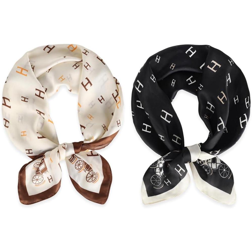 imageEXTREE Fashion Silky Satin Headscarf for Women Girls Exquisite Pattern Lightweight Silk Graceful Scarfs 275 x 275 inchesBlack White