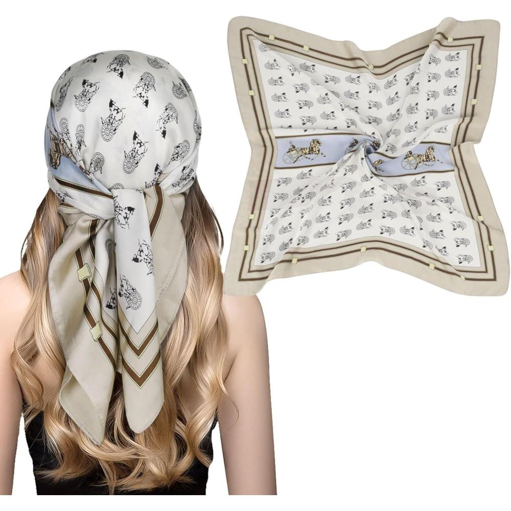 imageEXTREE Fashion Silky Satin Headscarf for Women Girls Exquisite Pattern Lightweight Silk Graceful Scarfs 275 x 275 inchesBlue and White Carriage