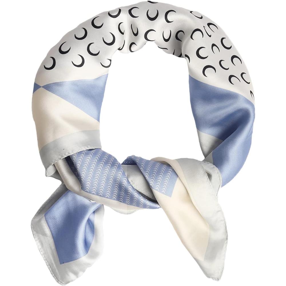 imageEXTREE Fashion Silky Satin Headscarf for Women Girls Exquisite Pattern Lightweight Silk Graceful Scarfs 275 x 275 inchesBlue and White Moon