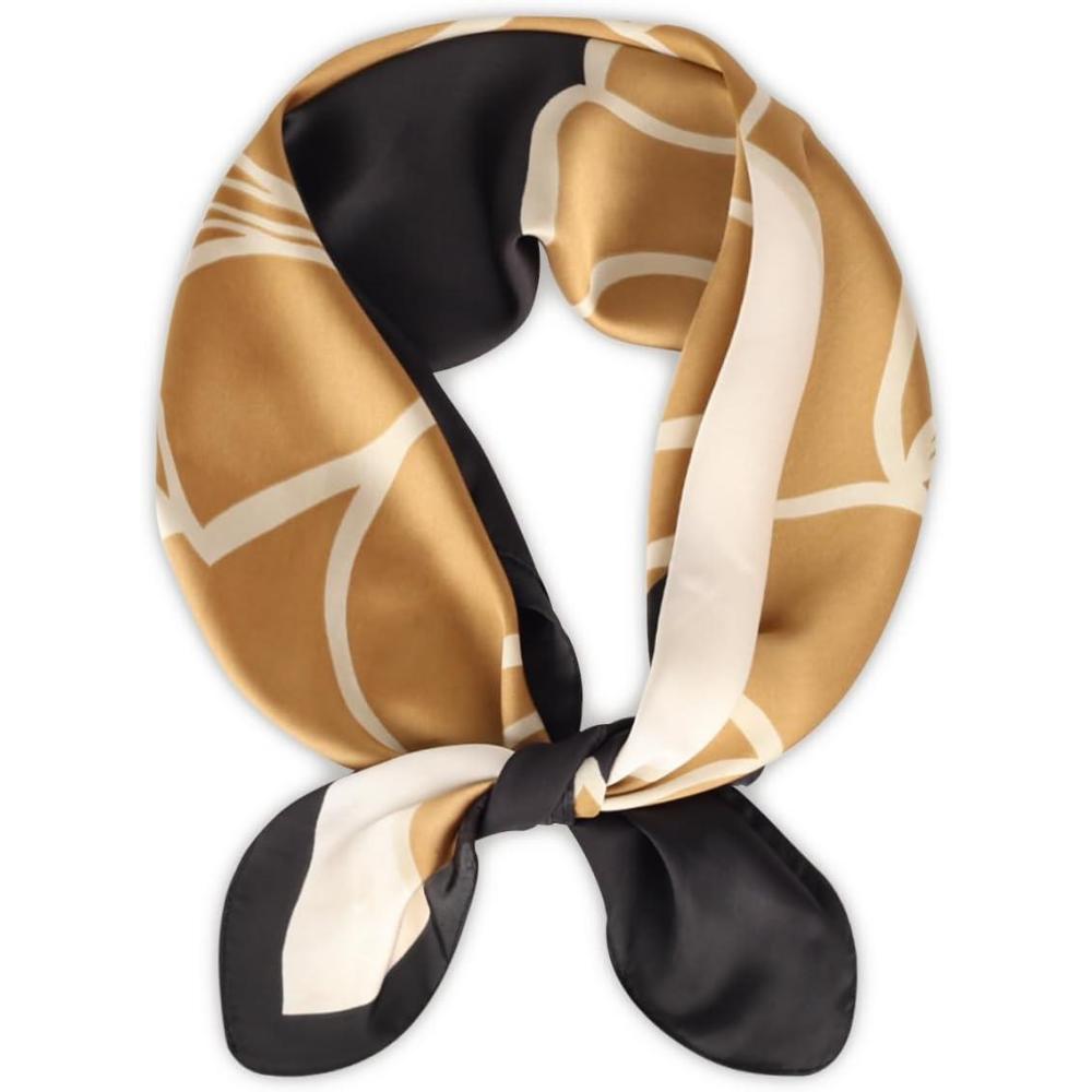 imageEXTREE Fashion Silky Satin Headscarf for Women Girls Exquisite Pattern Lightweight Silk Graceful Scarfs 275 x 275 inchesCamellia Beige Black