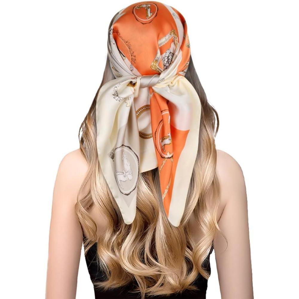 imageEXTREE Fashion Silky Satin Headscarf for Women Girls Exquisite Pattern Lightweight Silk Graceful Scarfs 275 x 275 inchesCharacter Photo Frame Orange