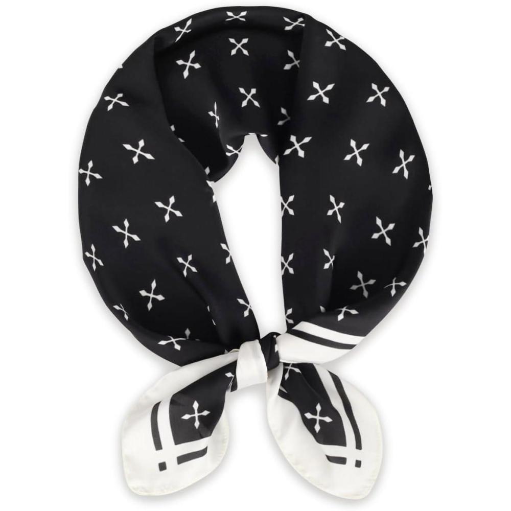 imageEXTREE Fashion Silky Satin Headscarf for Women Girls Exquisite Pattern Lightweight Silk Graceful Scarfs 275 x 275 inchesCross Arrow Black